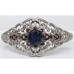 Karis Blue Stone Smoky Quartz Gemstone Cuff Bracelet Silver Tone G&B Ornate